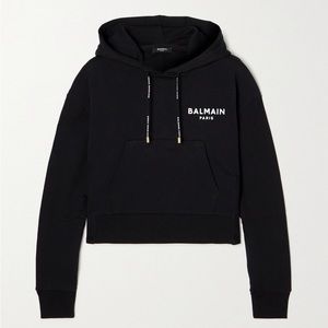 Brand NWT-New With Tags Balmain Flocked Logo Cropped Hoodie Size S in Black